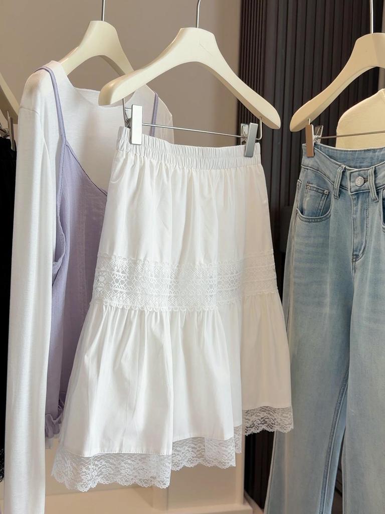 High-Waisted A-Line White Lace Crochet Midi Skirt for Women - Slimming, Petite, Fluffy Summer Style