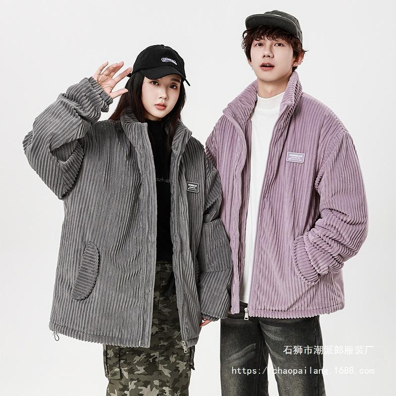 2025 nové podzimní a zimní pánské a párové manšestrové bavlněné oblečení se stojáčkem, zateplené, větruodolné bavlněné oblečení