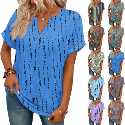 Stilvolles Damen Casual V-Ausschnitt Kurzarm Retro Print T-Shirt