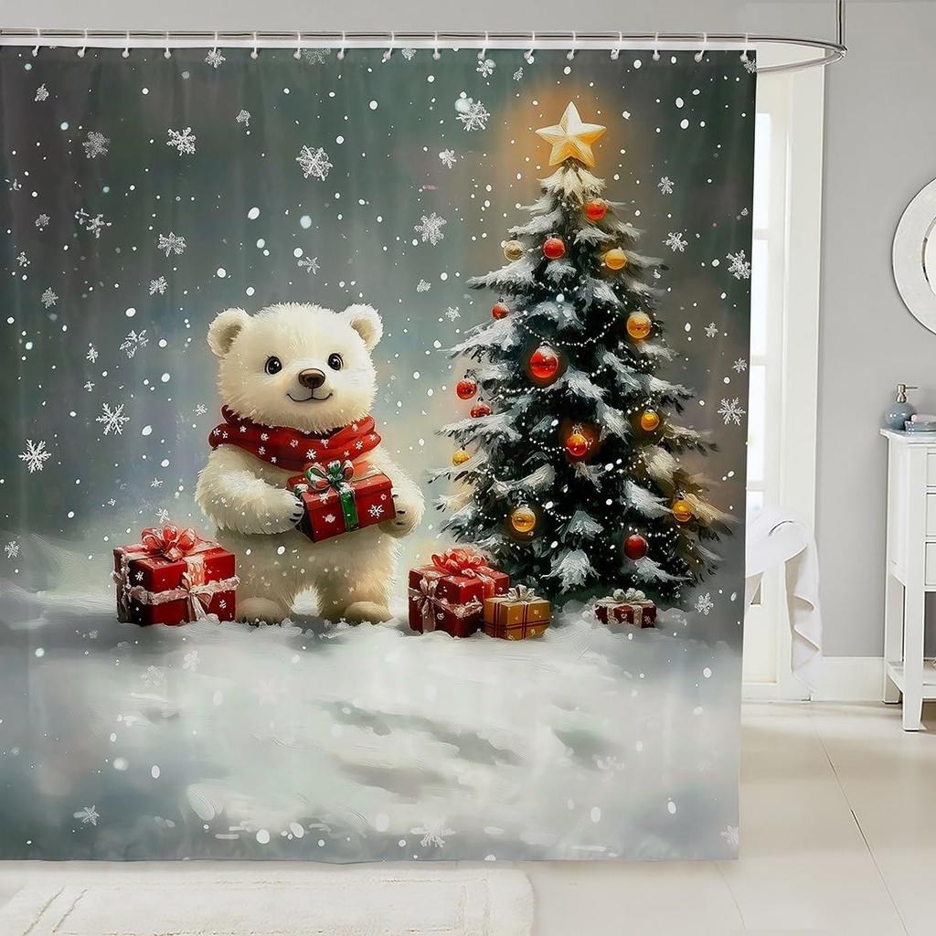 3DCute Cat Shower Curtain Christmas New Year Theme Bathroom Curtains for Kids Boys Girls Teens Lovely Kitty Decor Winter Holid