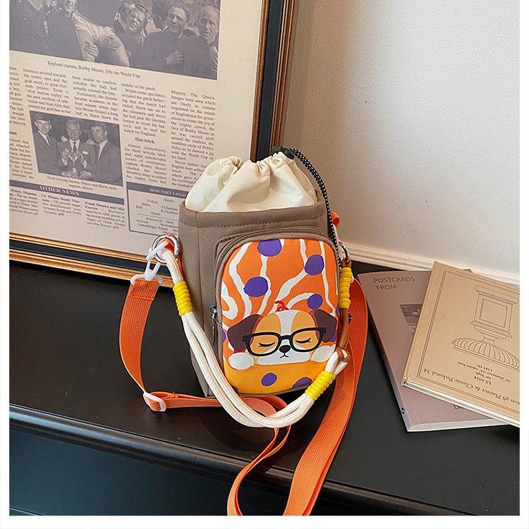 Cute Cartoon Print Water Bottle Bag Women's Commuter Satchel Soft Polyester Material Zipper Closure Vertical Shape Storage Bag