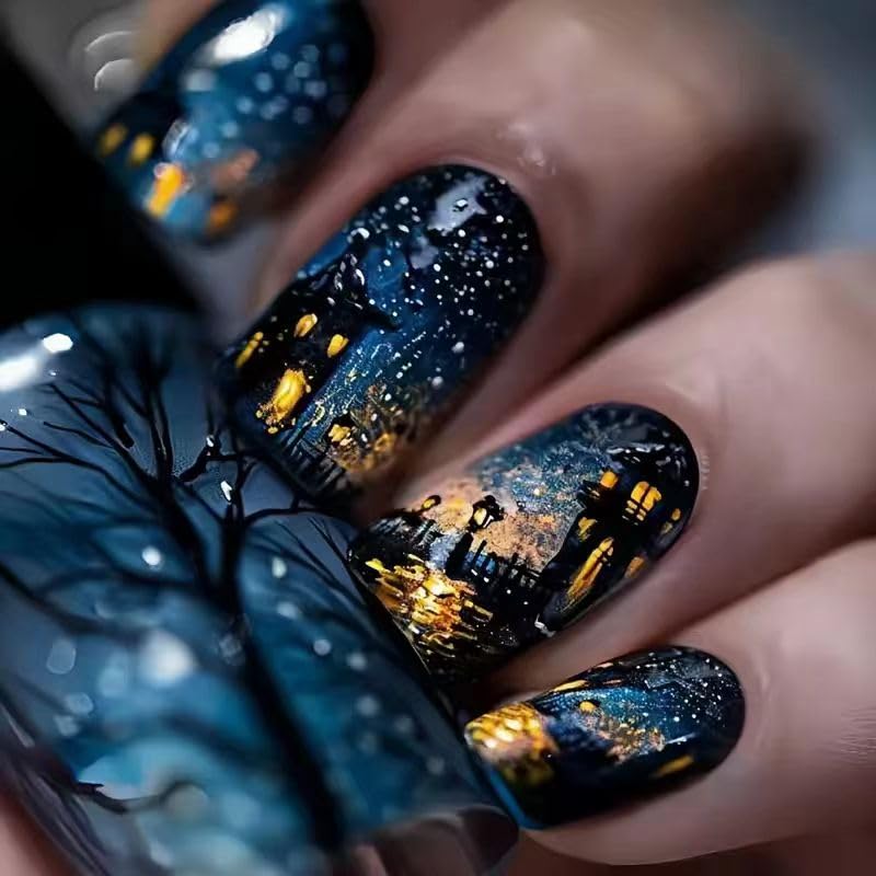 Press on Nails Halloween Square French Tip Fake Nails Mummy and Cobweb Designs Stick on Nail Nude Color Acrylic Nail Halloween Glue on Nails Full