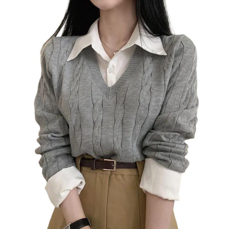 Svetr pletený patchworkovým stylem v korejském stylu s košilovým límcem - Dámský zeštíhlující podzimní pulovr