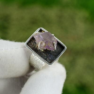 Gift For Her Natural Amethyst Rough Statement Adjustable Ring 925 Silver