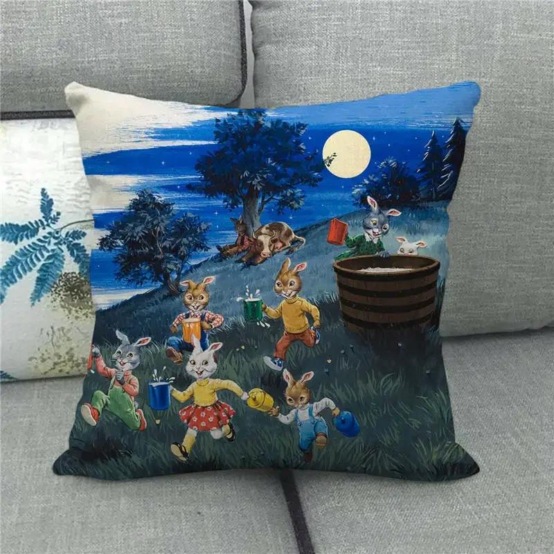 Happy Home Pillowcase Funny Rabbit Easter Egg Print Cushion Cover Pastoral Cartoon Hare Pattern