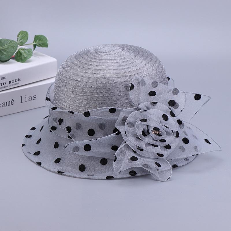 Polka Dot Top Hat Women's Summer Dome Organza Flower Socialite Style Foldable Fisherman Hat Sun Protection Large Brim