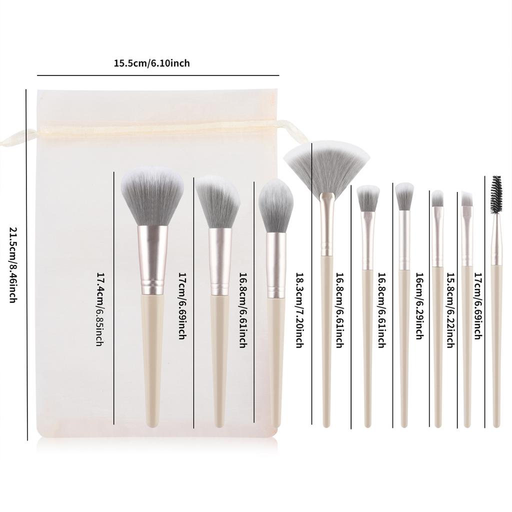 9 makeup brushes set, mesh sandbag, eye brush, loose powder brush, fan brush, highlight blush, detail brush, beauty tool.