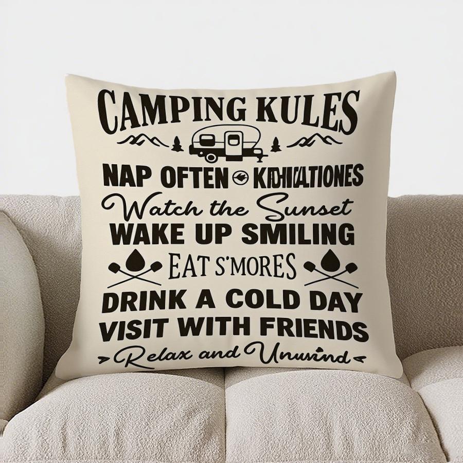 Home Decor Camping Rules: Nap, Smile, Eat S'Mores & Relax Pattern Cushion Cover Suitable For Sofa Bedroom Car Pillow Cover