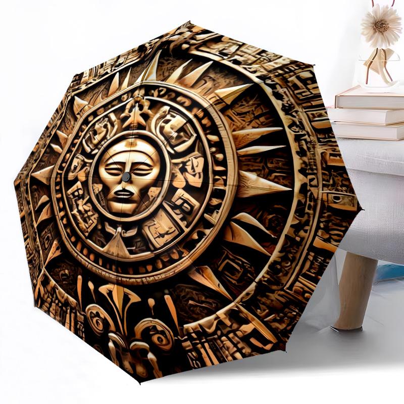 Aztekenkalender-Scheibe Outdoor Automatischer Regenschirm Kompakt 8-Rippen Leicht Langlebig Täglicher Begleiter Regenschirm Outdoor-Accessoire Stilvolles Geschenk für Frauen
