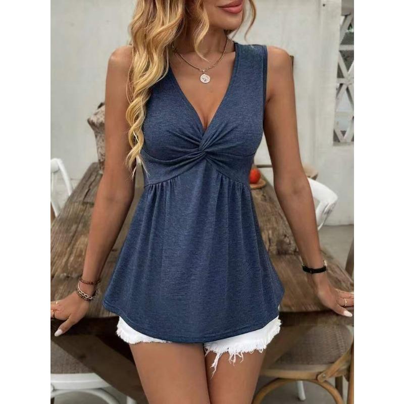 DAFIFY Women's Fashion Casual Summer Spring Solid Color Print Sleeveless V-Neck Blouses & Shirts