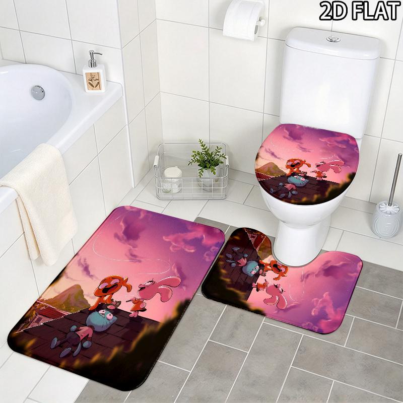 3pcs The Amazing World of Gumball Pattern Flannel Nonslip Absorbent Washable Decorative Bathroom Home Toilet Seat Cover Mat