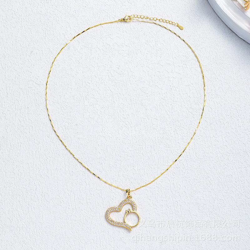Full Diamond Love Necklace Female Simple Design Versatile Zircon Heart Ring Pendant Clavicle Chain