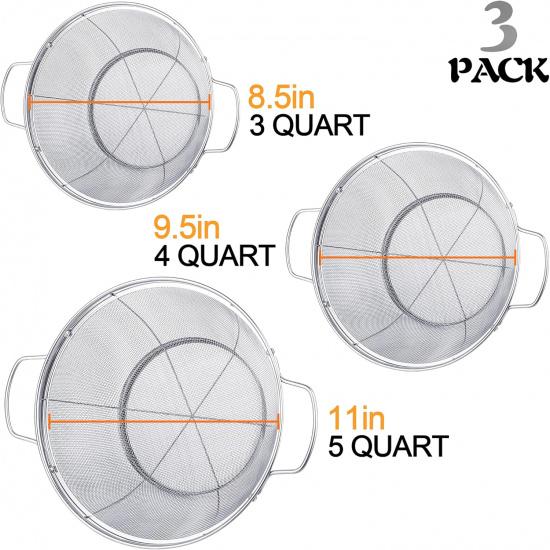 3 Pack 18/8 Stainless Steel Colander Sieves(5-Quart, 4-Quart and 3-Quart), Mesh Strainer Net Baskets with Handles & Resting Base for Strain, Drain,