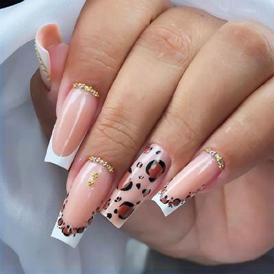 24 Pezzi Unghie Finte Quadrate Lunghe Bianco Lucido French Tip Full Cover Leopard Press on Nail Manicure Per Qualsiasi Occasione