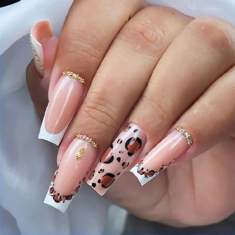 

24Pcs Long Square False Nail Glossy White French Tip Full Covers Leopard Press on Nail Manicure For Any Occasion 1