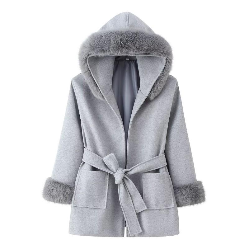 Womens Fall Hooded Tie Waist Loose Wool Blend Jacket Streetwear Casual Outerwear