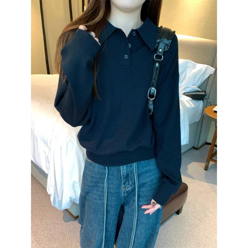 College Style Polo Neck Sweater Front Shoulder Long Sleeve Knitted Sweater Autumn Niche Fashionable Temperament Age-reducing Bottoming Top Women