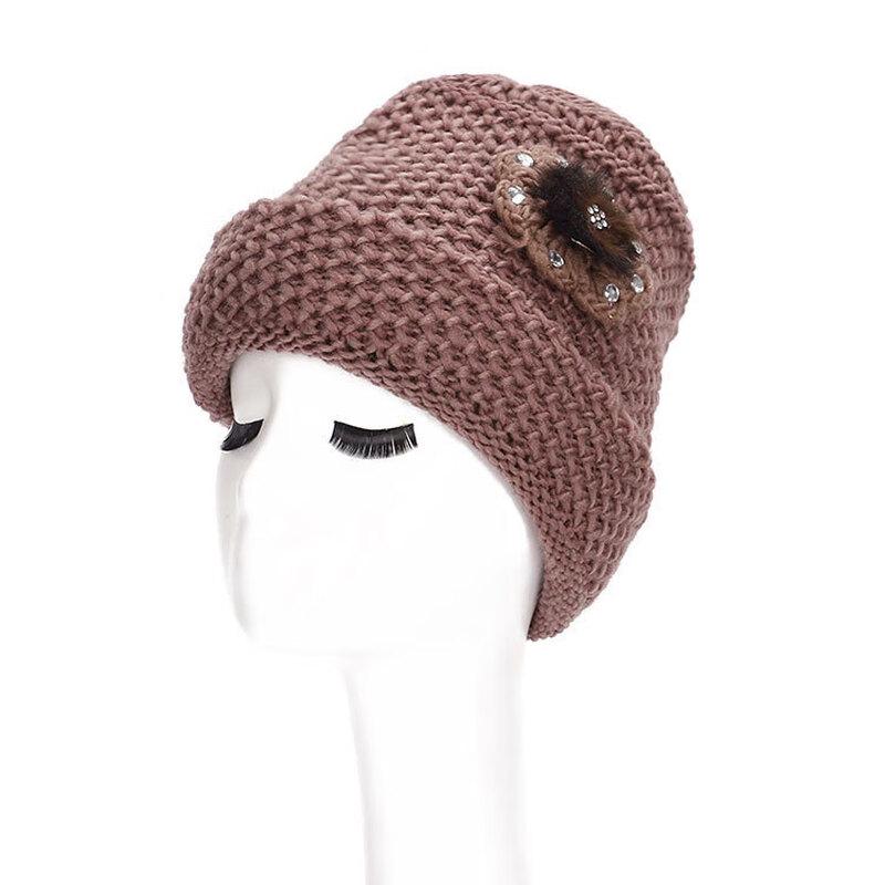 Women s Rabbit Fur Knit Beanie with Crystal Flower One Size