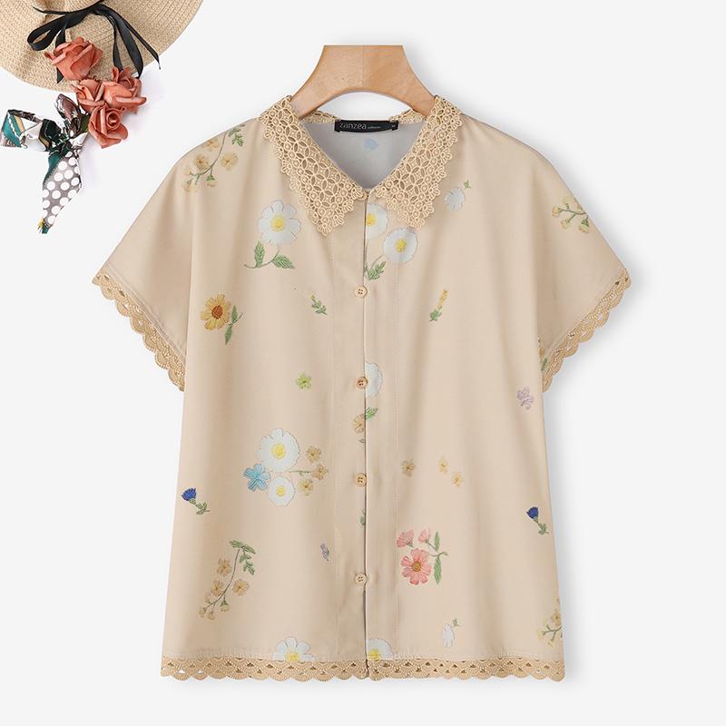 

ZANZEA Женская повседневная блузка с коротким рукавом и цветочным принтом, с вязаным крючком воротником 5XL абрикосовый