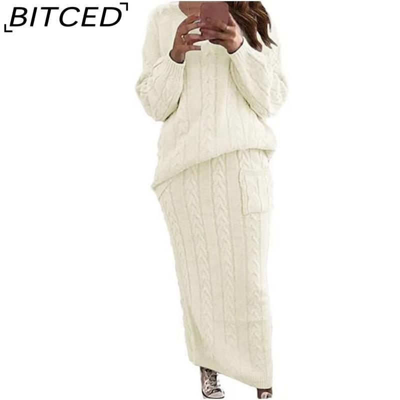 

Женский вязаный комплект платья BITCED на осень/зиму с косами, длинными рукавами и лоскутным дизайном XXXXXL бежевый