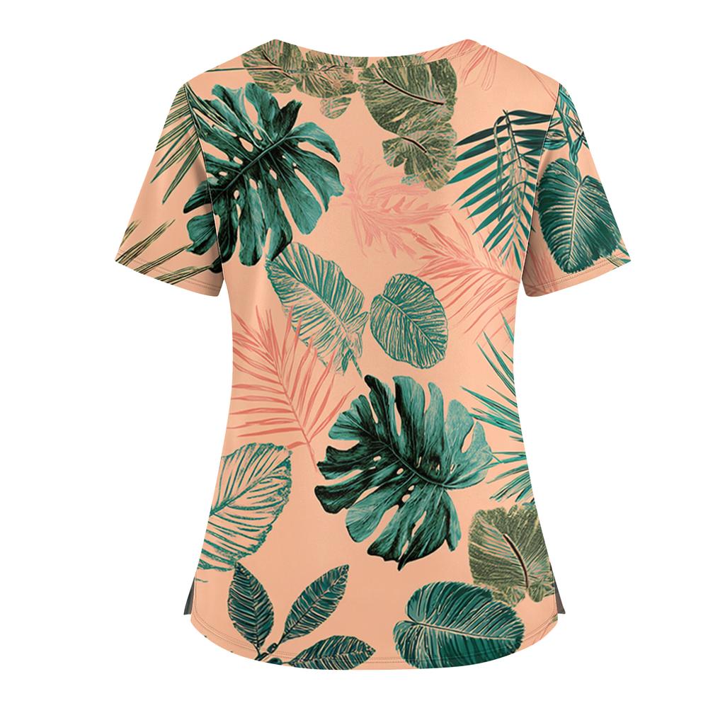 Women's Hawaiian Print V-Neck Double Pocket Short Sleeve Uniform/ Top