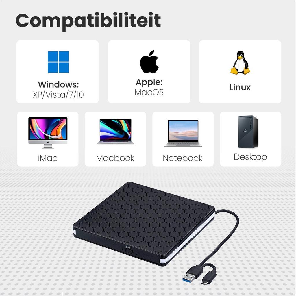 Portable USB 3.0 USB-C External CD DVD Drive DVD +/-RW Burner CD Player Reader Writer Recorder For Laptop Desktop