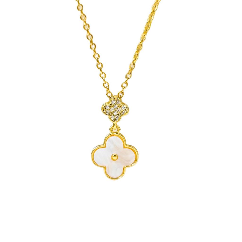 Stylish Korean Four-Leaf Clover Pendant with Micro-Inlaid Zircon and Tassel on a Titanium Steel Clavicle Chain