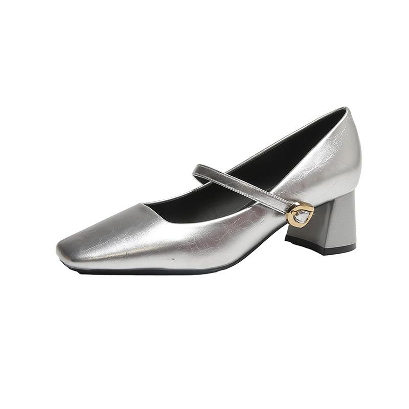 Fashion Mary Jane Shoes Vintage Mary Jane Leather Shoes with Light Mouth Single Shoes Women's Square Head Thick Heel High Heels
