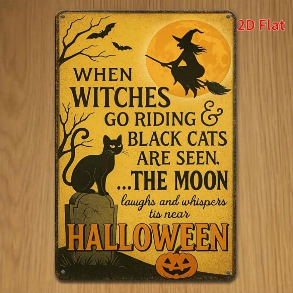 Vintage Halloween Metal Sign 8x12, Funny Black Cat Witch Tin Plaque, Retro Wall Art for Home Bar Cafe