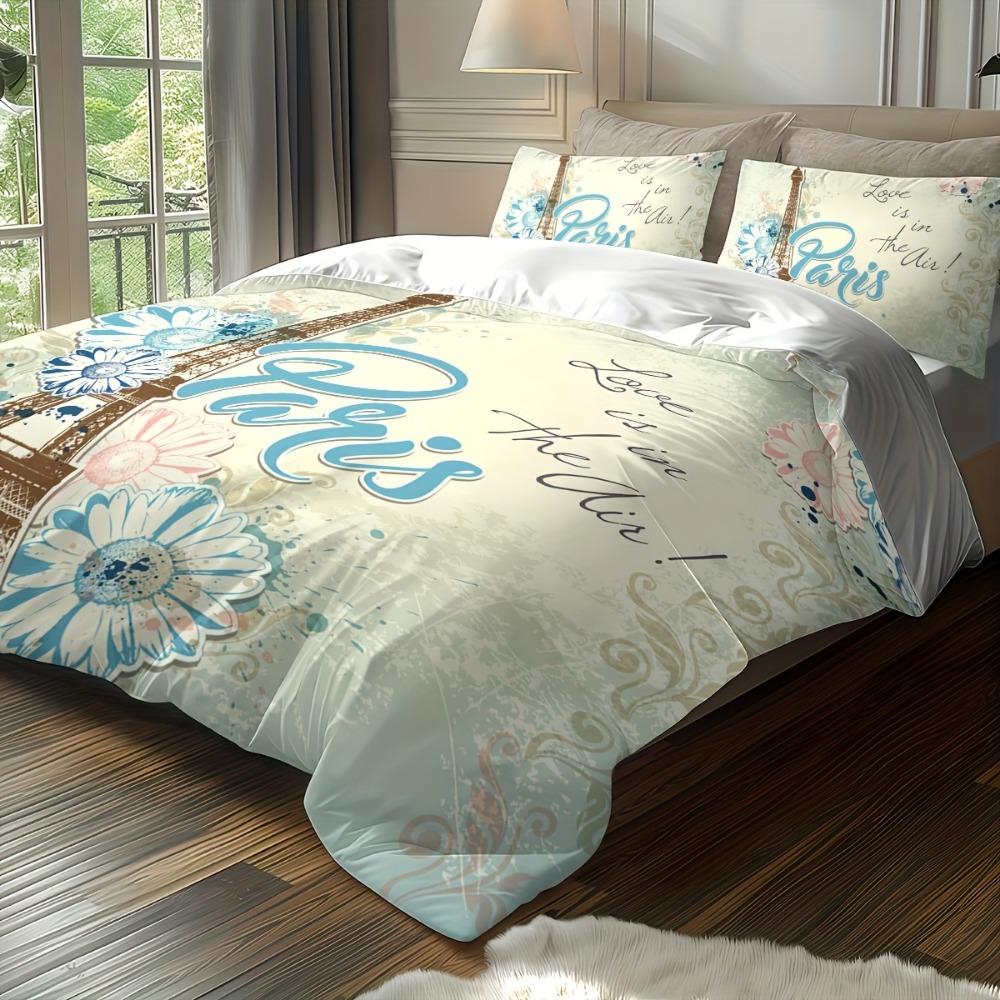 3pcs Bedding Set Paris Eiffel Tower 3D Printed Cozy Duvet Cover King Queen Twin Size Birthday Gift for Adult Girl Bedroom Decor