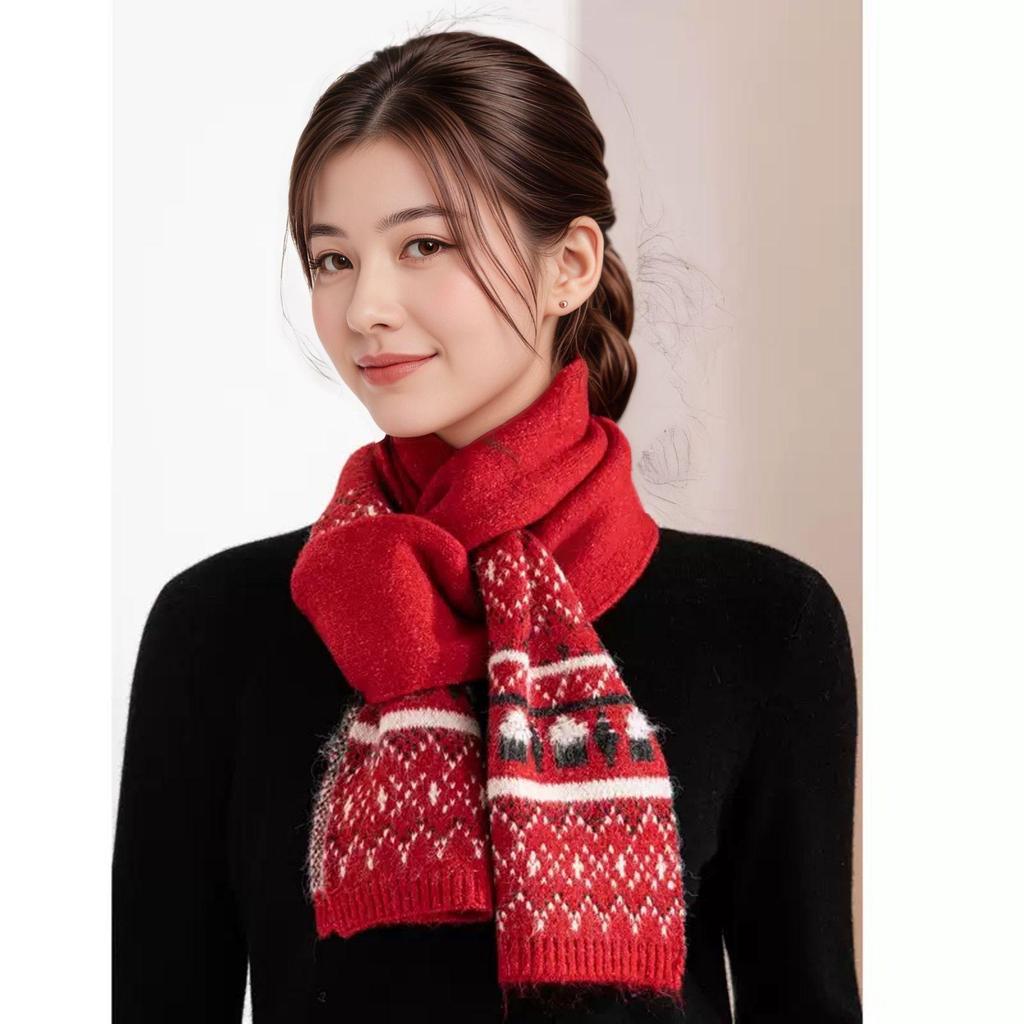 High-End Women's & Couples' Red Wool Knit Snood - Warm Christmas Scarf for Autumn & Winter