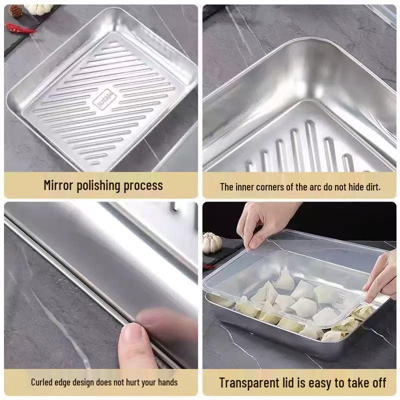 Stainless Steel Rectangular Non-Stick Dumpling Storage Box with Lid
