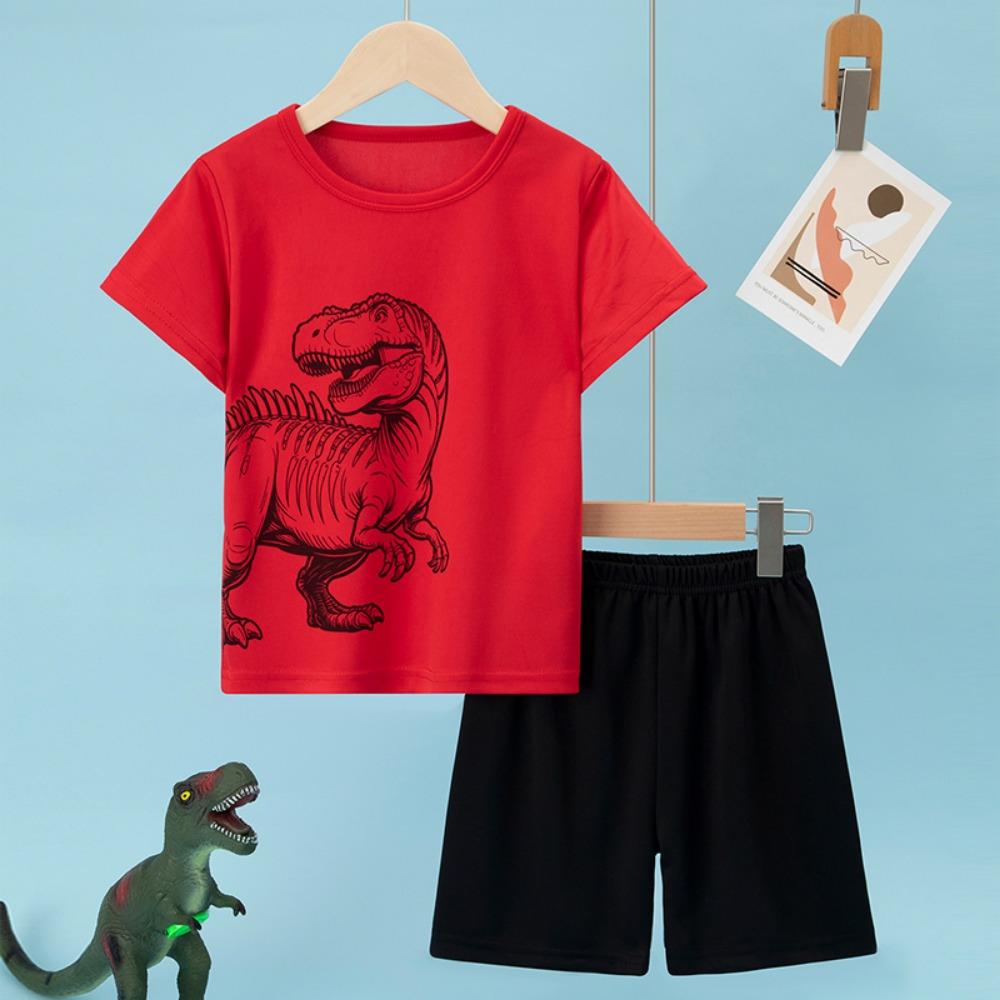 2-piece Summer Children s Solid Color Quick Drying Sports Suit for Boys and Girls Dinosaur Short Sleeved Casual Top Black Shorts 110