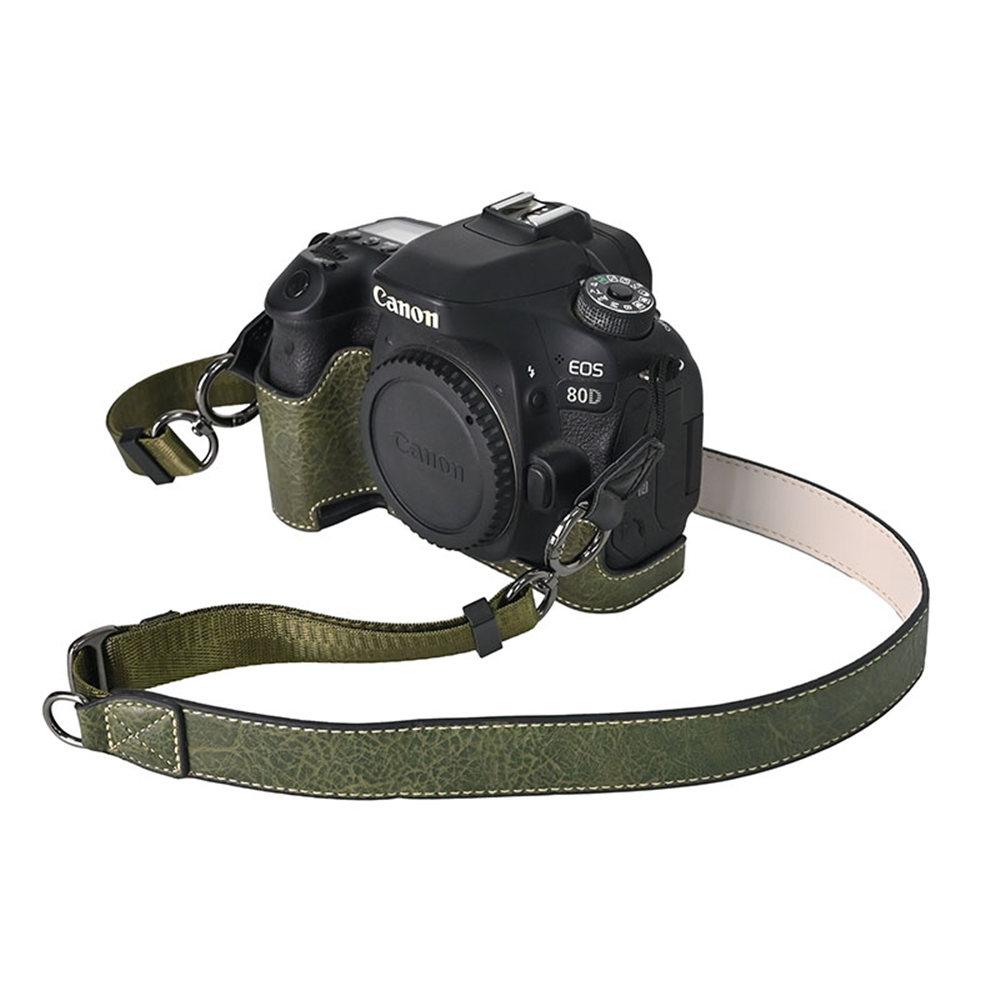 

Шкіряний напівчохол для камери Canon EOS 60D 70D 80D 90D з нижнім отвором, магнітною кришкою та ремінцем зелений