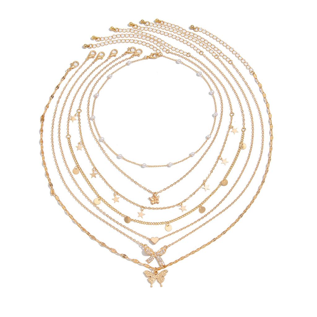 Wind Metal Sequined Butterfly Necklace, Fashionable Imitation Pearl Snake Bone Chain Stacked Collarbone Necklace