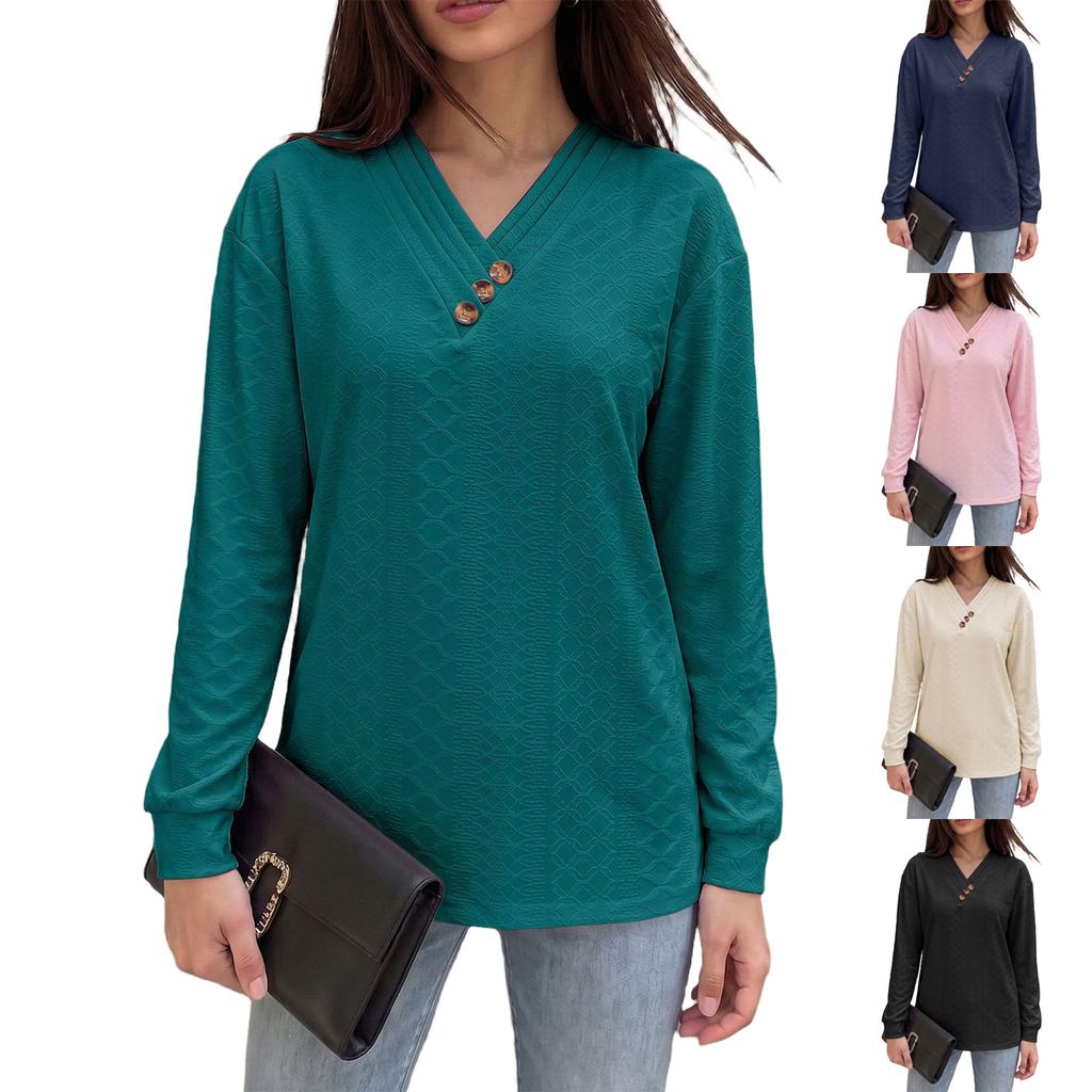 Women's V-Neck Button Front Long Sleeve Loose Fit Tunic Top for Casual Daily Wear