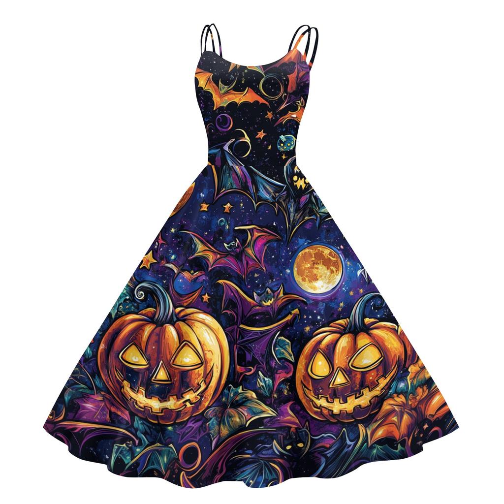 Women's Halloween Print Off Shoulder Vintage Punk Dress Sleeveless Spaghetti Strap Midi Dress with Full Skirt for Costume Party
