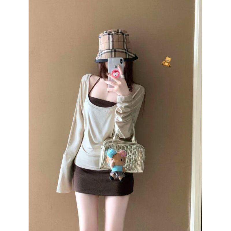 Kumikumi Idle Style Coffee Color Long sleeves Shirt Inner wear Hanging Neck Sling Women Autumn Slimming Skirt Three-Piece Set
