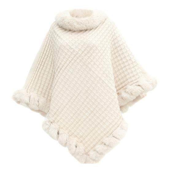 Женская треугольная шаль-накидка однотонная клетчатый узор отделка искусственным мехом бежевый