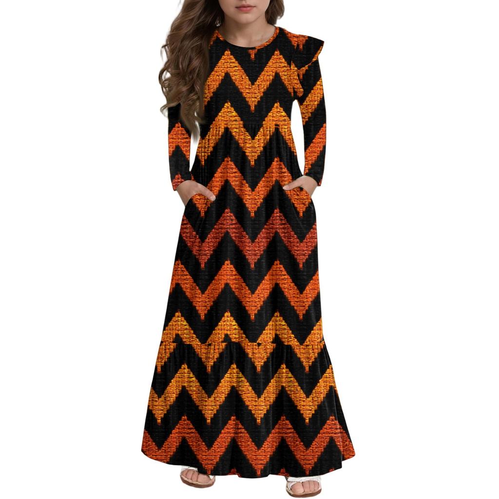 Girls' Tiered Ruffle Dress Halloween Day - Long Sleeve Printed Maxi With Pockets