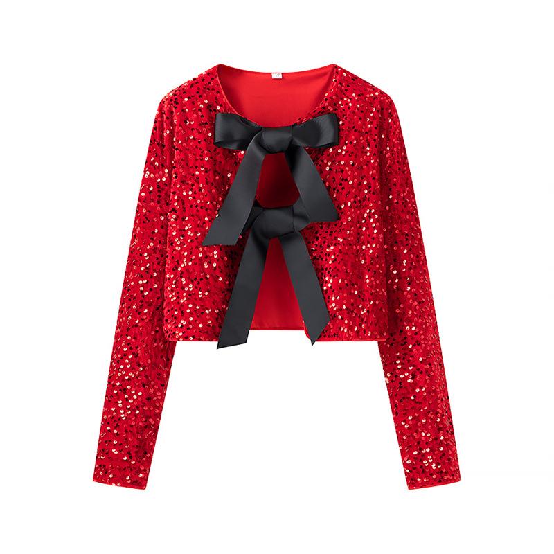 

2024 Autumn Sequin Bow Long Sleeve Top XS