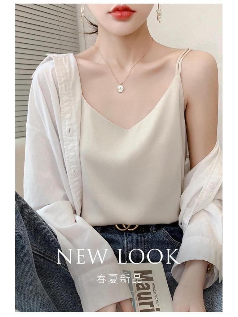 2025 Women's White Satin Camisole Tank Top: Elegant Back Design, Imitation Silk Summer Innerwear