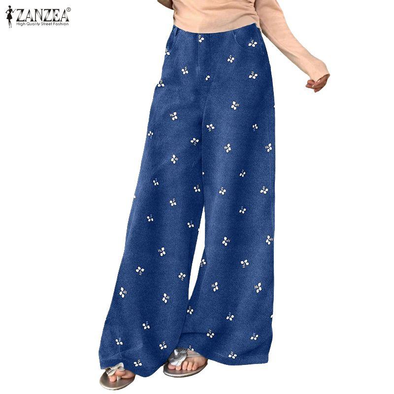 ZANZEA Women Casual Elastic Waist Loose Print Straight Pants