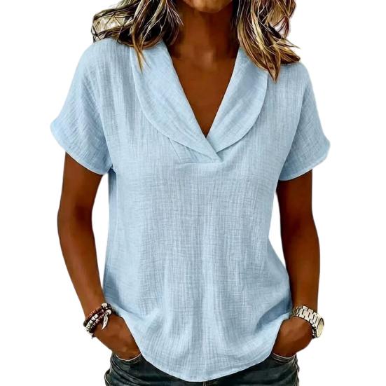 Women V-Neck T-Shirt Short Sleeve Solid Color Summer Blouse Loose Fit Fashionable Collared Casual Tee for Work Party Date Wear