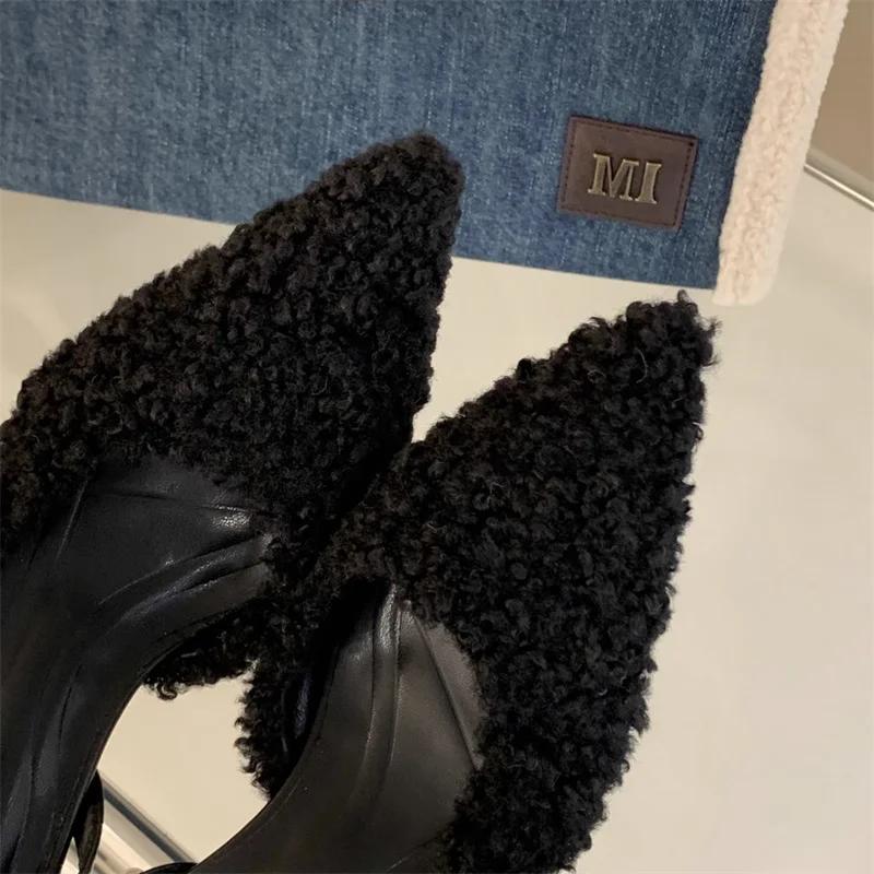 Fur Women High Heels Shoes Pointed Toe Fashion Sexy Slippers New Designer Party Dress Pumps Luxury Zapatillas Mujer