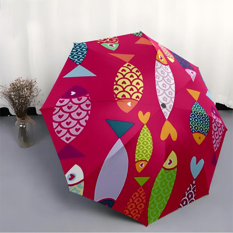 1pc Fishes Patterns Automatic Open/close Folding Compact Umbrella, 8-Rib Sturdy Canopy, Lightweight Portable, Everyday Use, Gift,045