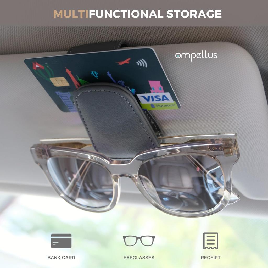 Ompellus Magnetic Leather Sunglasses Holder Eyeglass Hanger Clip for Car Sun Visor Suitable for Different Size Eyeglasses (Beige, 2 Pack)