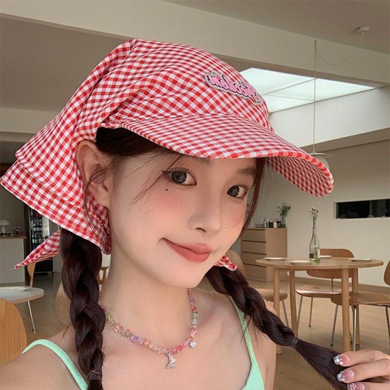 1pc Women's Sunshade Baseball Cap,Plaid Simple Sweet Personality Fashion Trendy Korean Style Headwears Outdoor Beach Head Scarf