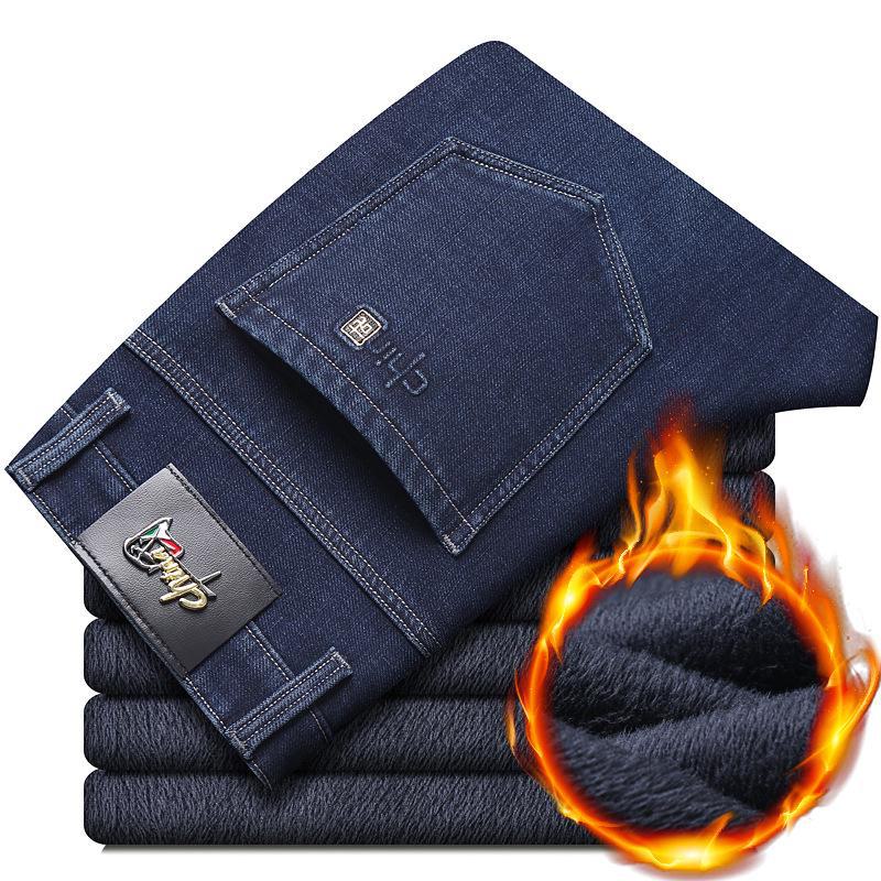 Men's 2024 Winter Thickened Velvet Jeans - High Waist, Straight-Leg, Large Size, Elastic Casual Pants