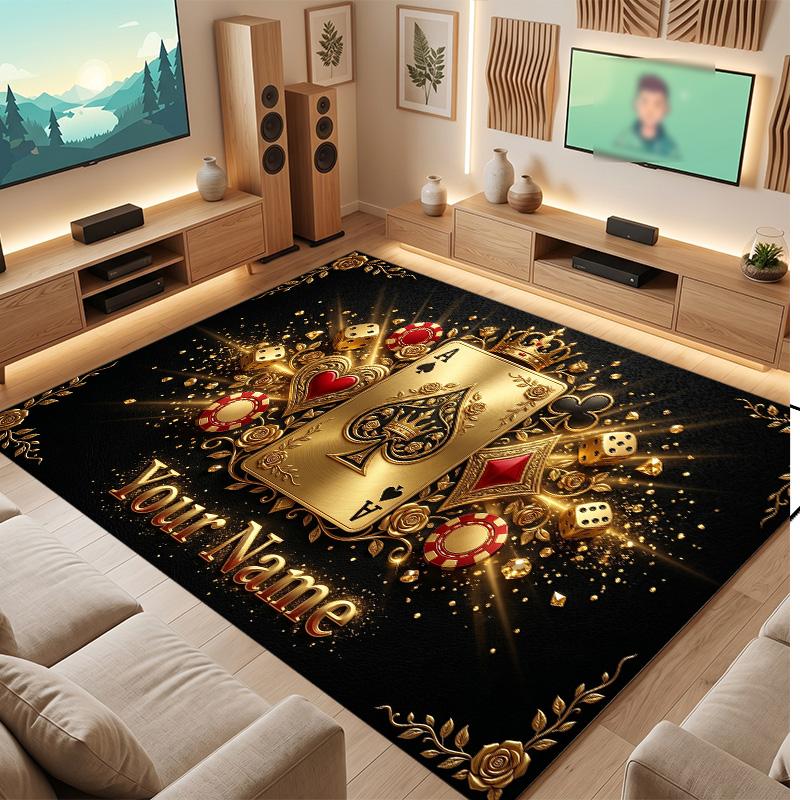 Cards Casino Theme Soft Crystal Velvet Rug Custom Name & Text Print Non Slip Floor Rug for Bedroom Living Room